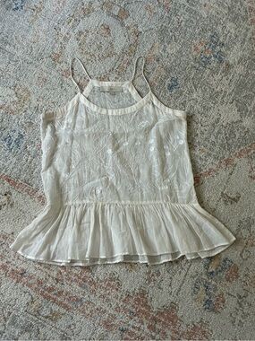 Cottagecore White Floral Embroidered Ruffle Peplum Camisole Tank Top Size Small